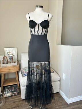 12th Tribe Black Sheer Polka Dot Bustier Dress